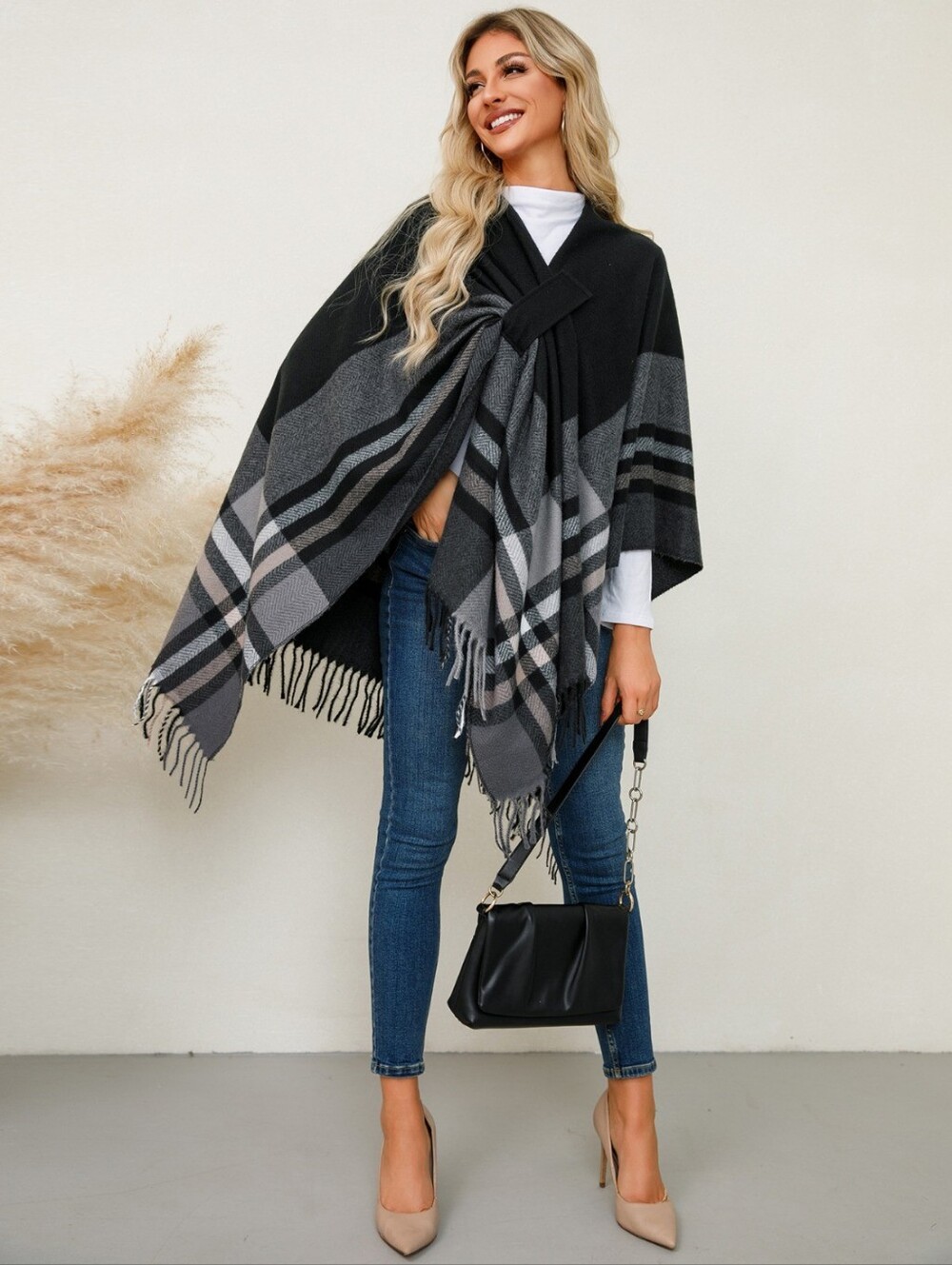 Beige Plaid Fringe Poncho Wrap - Picture 6 of 7